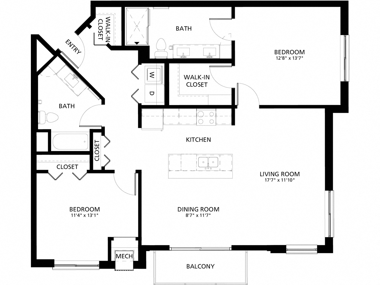 Floor plan for 2 beds, 2 baths, 1201 sqft